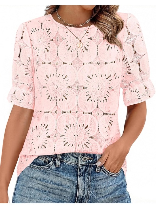 Tops - Pink Crochet Lace Short Sleeve blouse